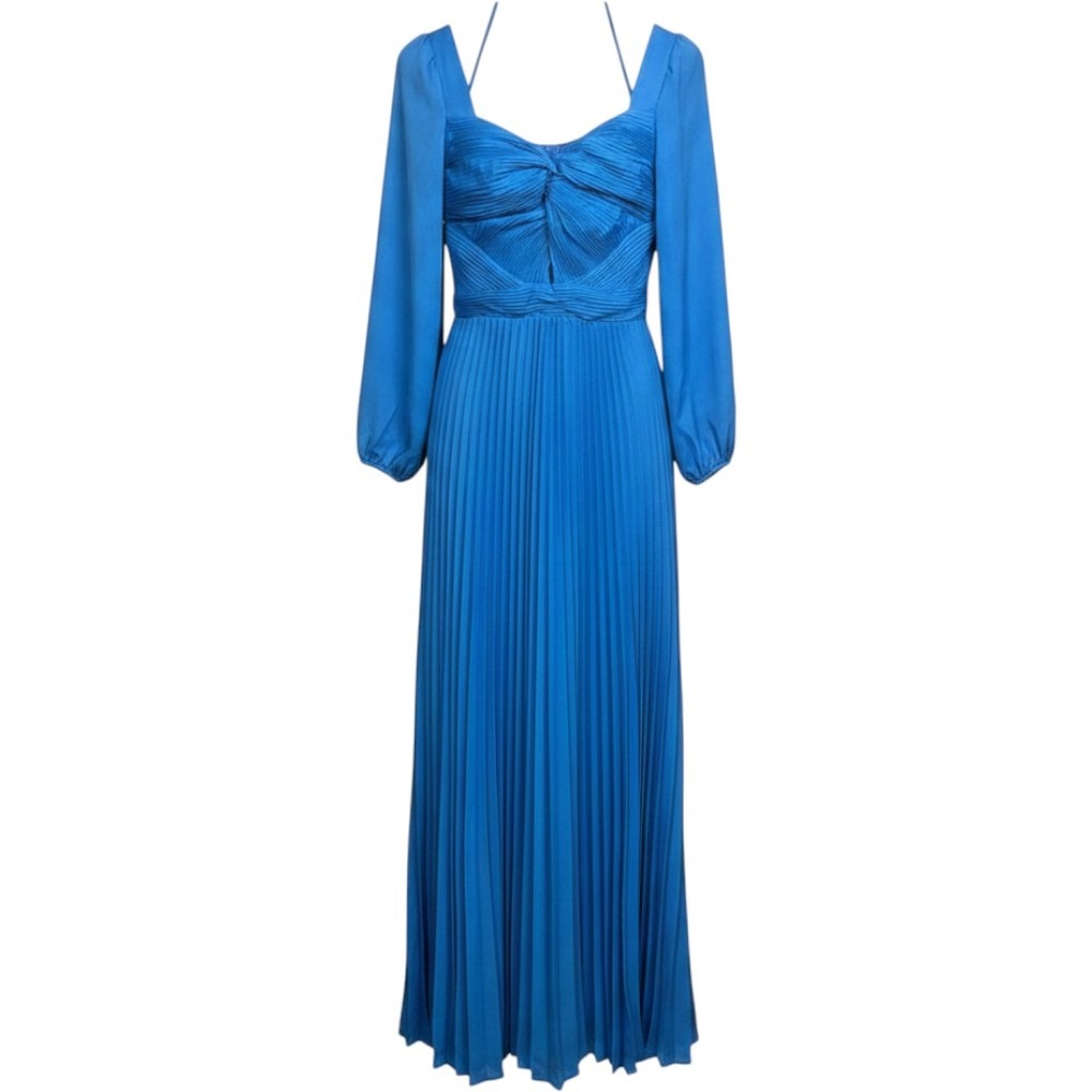 Chicways Blue Pleated Maxi Dress Long Sleeve Ruched Cutout Formal Gown Small